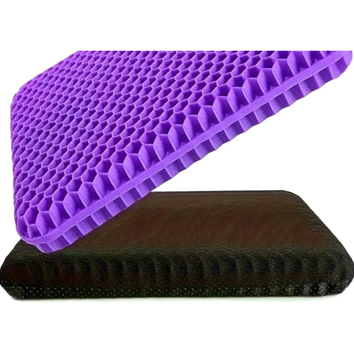 Coussin en gel alvéolé violet posé au-dessus de sa housse noire zippée