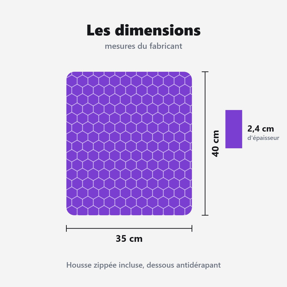 Dimensions du coussin en gel : 35 × 40 cm, 2,4 cm d'épaisseur